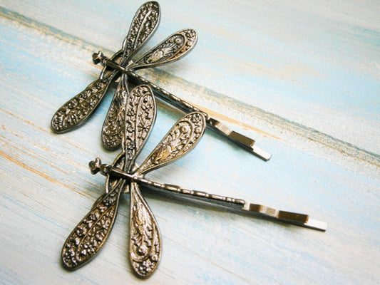 Gunmetal Black Plated Set of 2 Dragonfly Bobby Pins, Dragonfly Hair Clips, Boho Hair Clips, Boho Hair Accessories, Wedding Hair Accessories