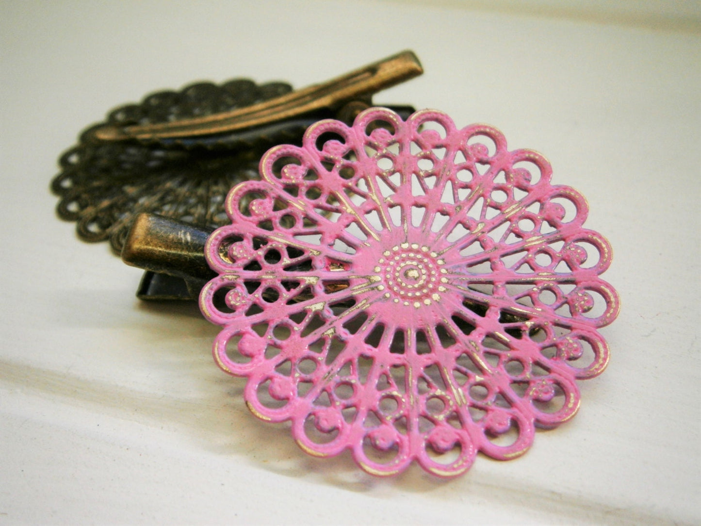 Soft Pink Hand Painted Patina Antique Bronze Round Filigree Shabby Chic Alligator Hair Clip/Boho Hair Clip/Rustic Hair Clip.