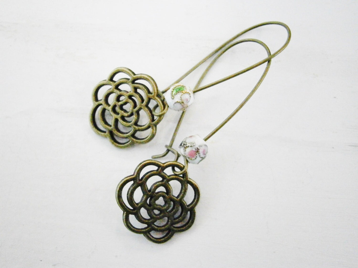 White Round Cloisonne Bead with Antique Bronze Filigree Flower On Long Antique Bronze Kidney Wire Earring Hooks/Dangle Earrings/Boho Jewelry