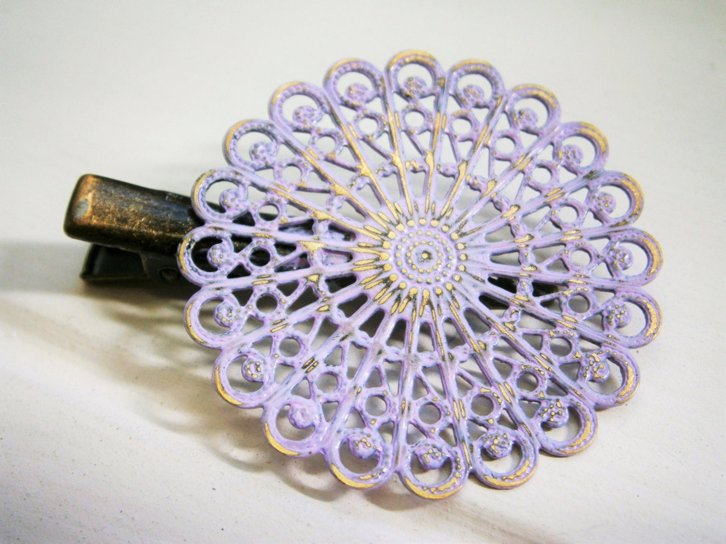 Amethyst/Lilac Hand Painted Patina Antique Bronze Round Filigree Shabby Chic Alligator Hair Clip/Boho Hair Clip/Rustic Hair Clip