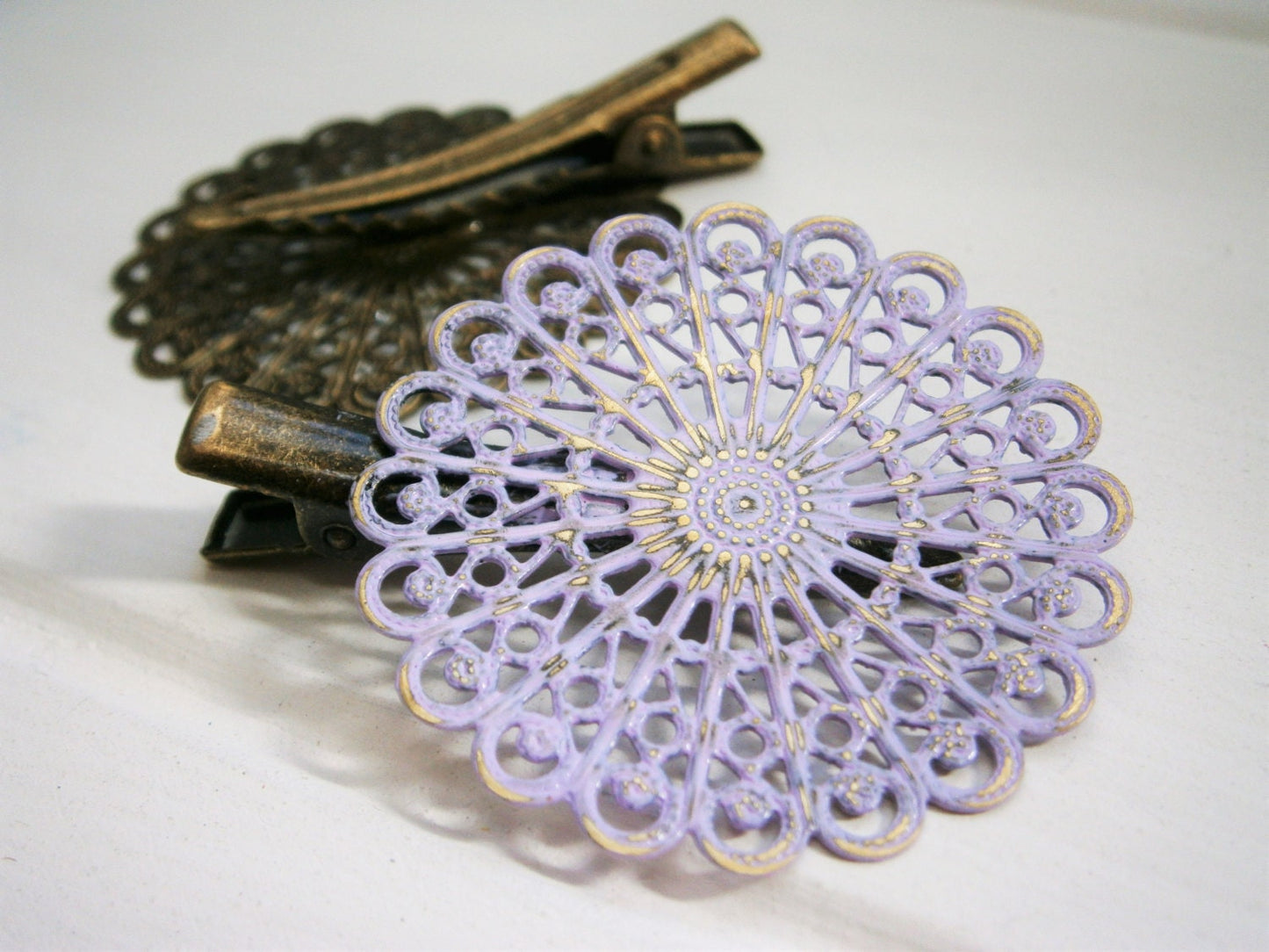 Amethyst/Lilac Hand Painted Patina Antique Bronze Round Filigree Shabby Chic Alligator Hair Clip/Boho Hair Clip/Rustic Hair Clip