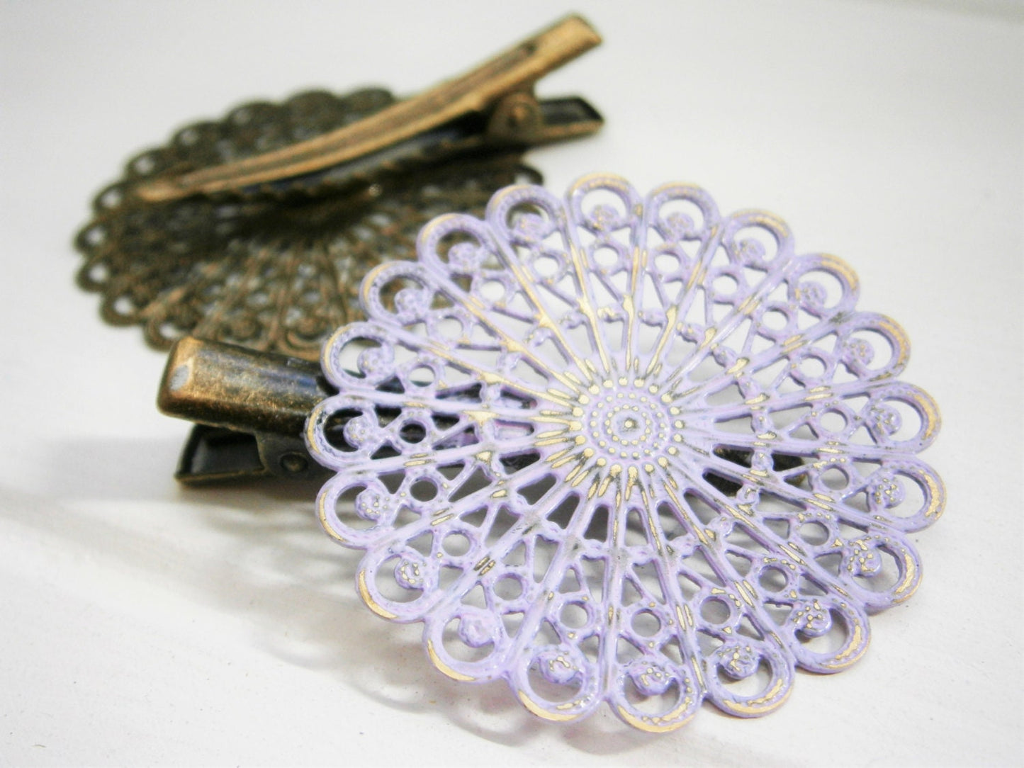 Amethyst/Lilac Hand Painted Patina Antique Bronze Round Filigree Shabby Chic Alligator Hair Clip/Boho Hair Clip/Rustic Hair Clip