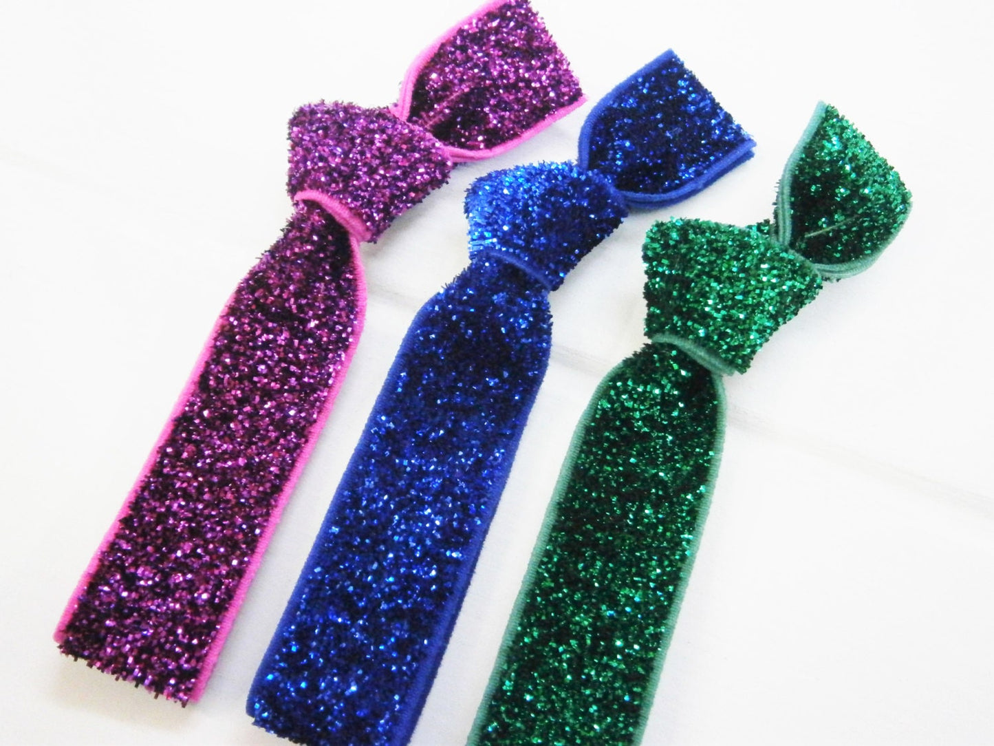 Set of 3 Glitter Hair Tie Package by Crimson Rose Cottage - Purple, Blue and Emerald Glitter Hair Ties that Double as Bracelets