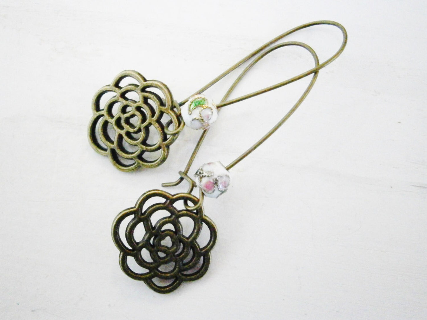 White Round Cloisonne Bead with Antique Bronze Filigree Flower On Long Antique Bronze Kidney Wire Earring Hooks/Dangle Earrings/Boho Jewelry