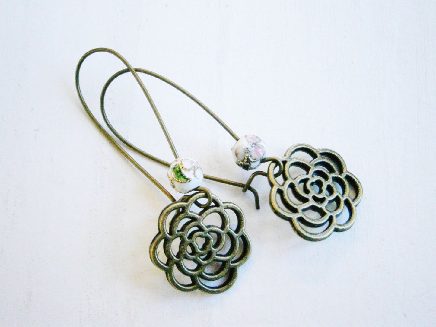 White Round Cloisonne Bead with Antique Bronze Filigree Flower On Long Antique Bronze Kidney Wire Earring Hooks/Dangle Earrings/Boho Jewelry