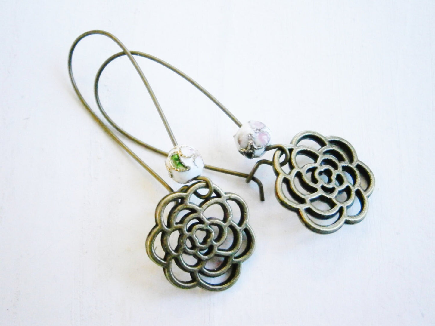 White Round Cloisonne Bead with Antique Bronze Filigree Flower On Long Antique Bronze Kidney Wire Earring Hooks/Dangle Earrings/Boho Jewelry