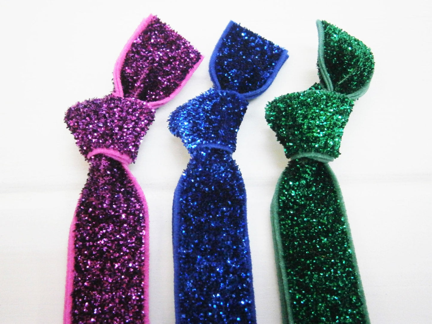 Set of 3 Glitter Hair Tie Package by Crimson Rose Cottage - Purple, Blue and Emerald Glitter Hair Ties that Double as Bracelets