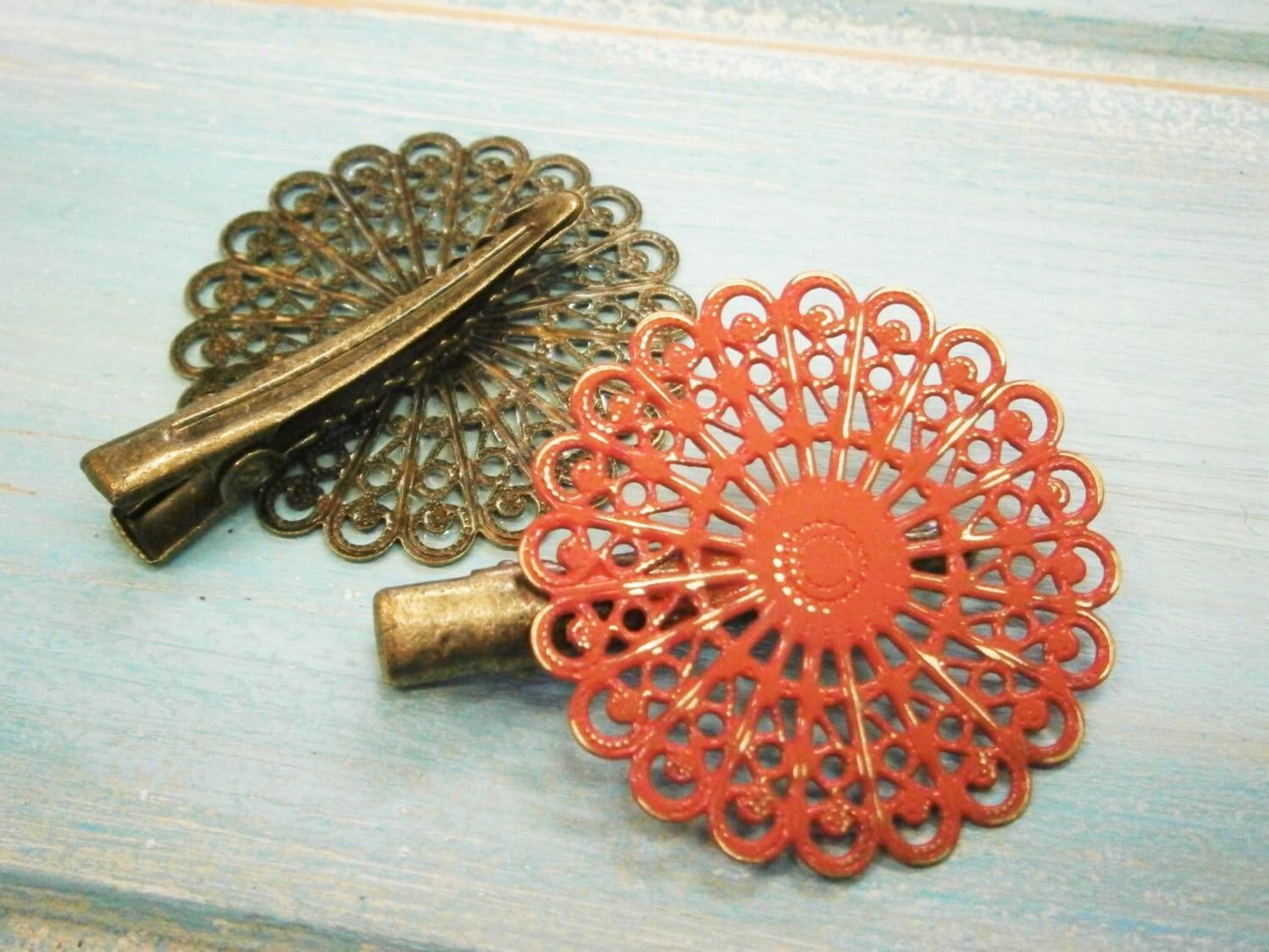 Red Hand Painted Patina Antique Bronze Round Filigree Shabby Chic Alligator Hair Clip/Boho Hair Clip/Rustic Hair Clip.