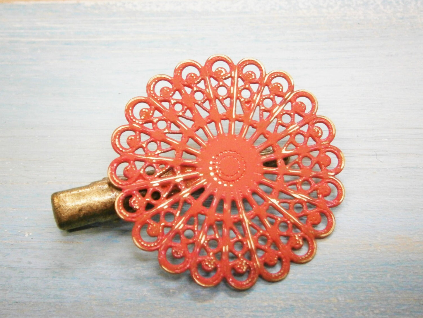 Red Hand Painted Patina Antique Bronze Round Filigree Shabby Chic Alligator Hair Clip/Boho Hair Clip/Rustic Hair Clip.