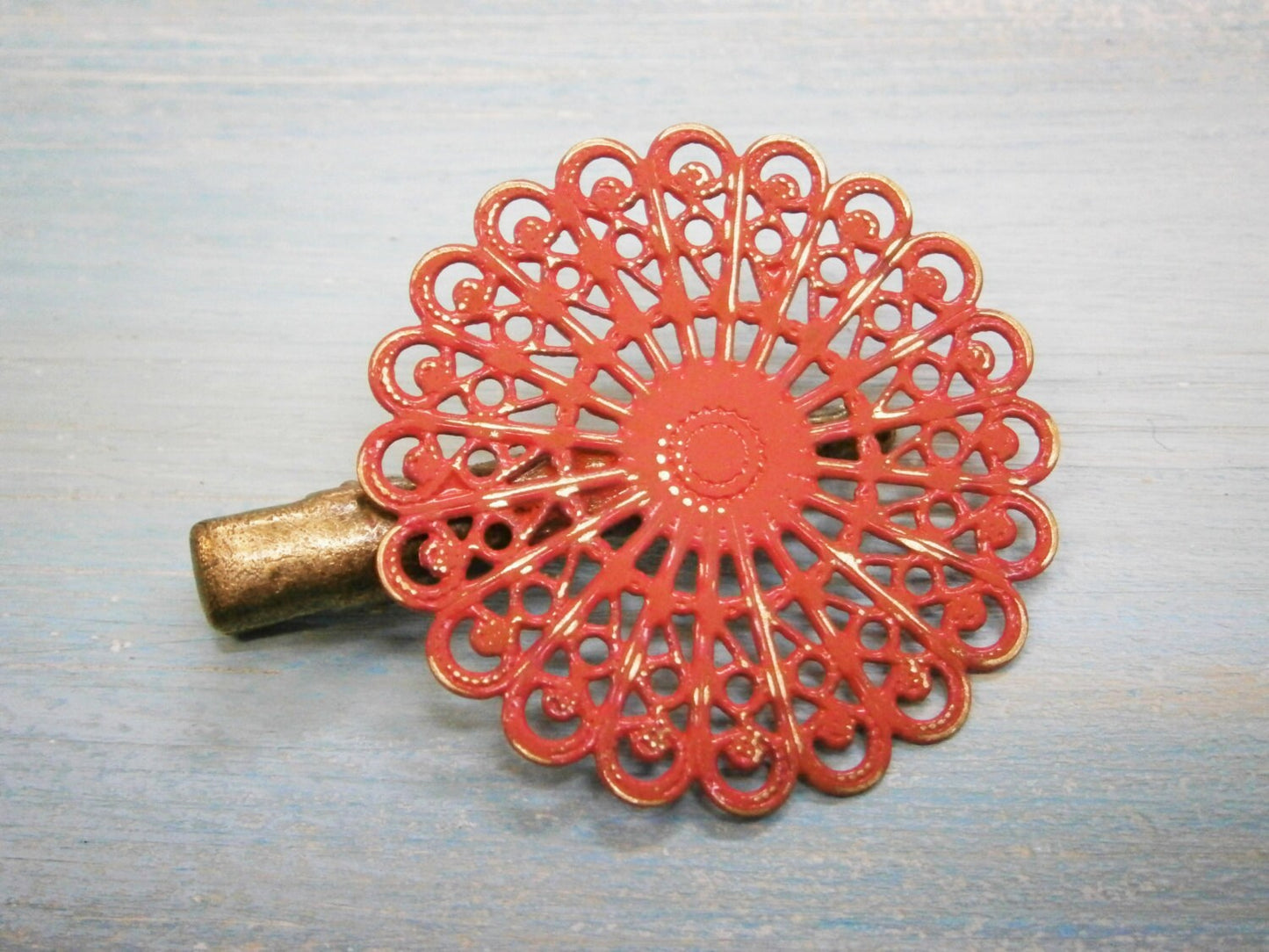 Red Hand Painted Patina Antique Bronze Round Filigree Shabby Chic Alligator Hair Clip/Boho Hair Clip/Rustic Hair Clip.