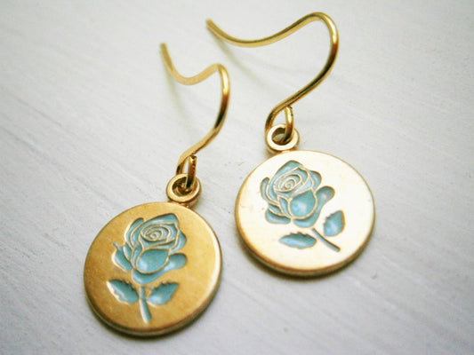 Vintage Style Blue Rose Brass Disc Charm Pendant On Gilt Plated French Earring Hooks/Dangle Earrings/Rose Jewelry/Bridal Jewelry