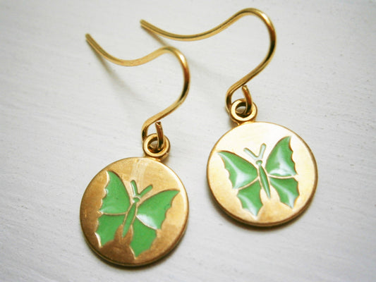 Green Butterfly Vintage Style Brass Disc Charm Pendant On Gilt Plated French Earring Hooks/Dangle Earring/Butterfly Earrings/Nature Earrings