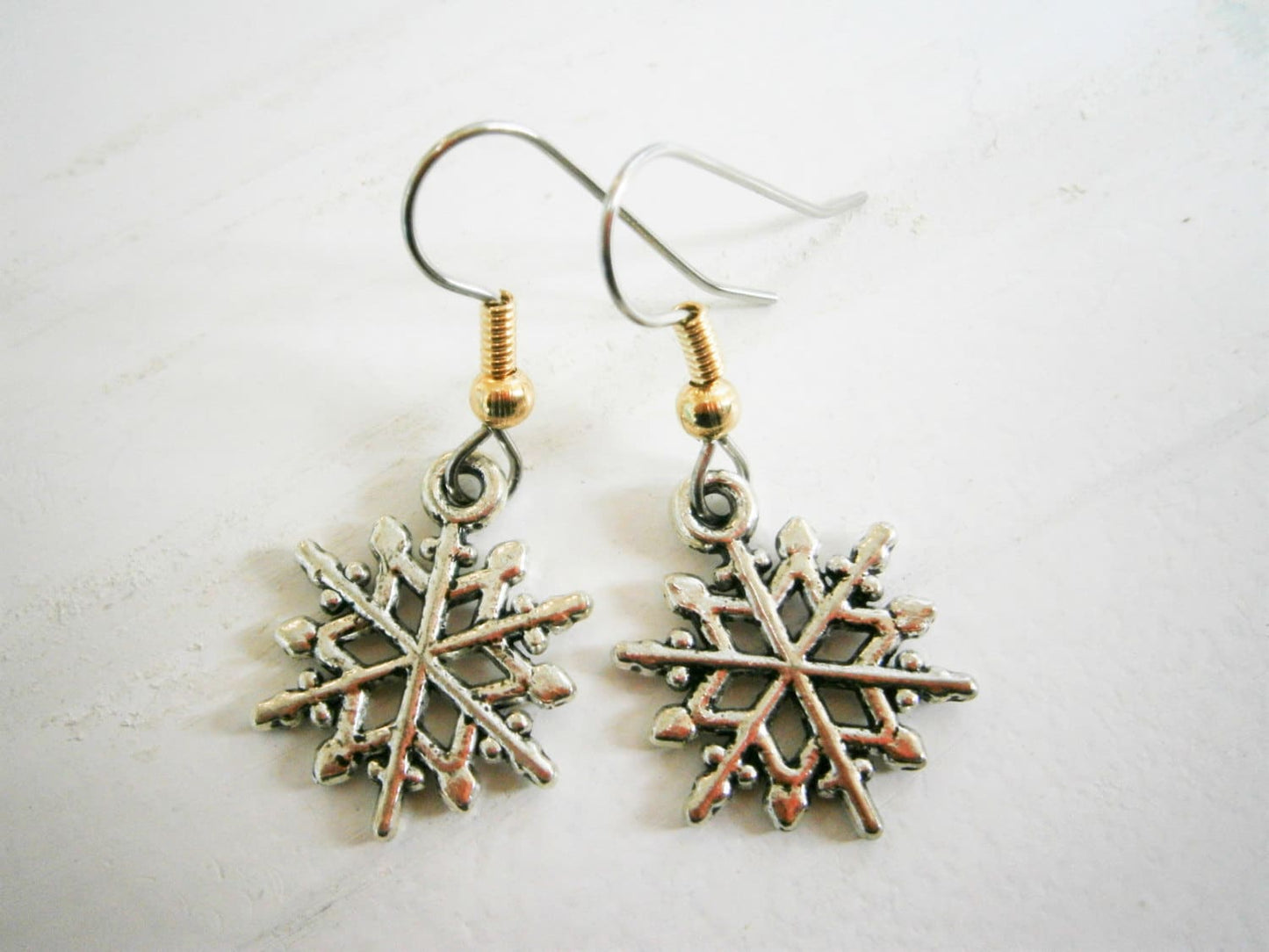 Antique Silver Snowflake Charm on Stainless Steel Earring Hooks/Snowflake Jewelry/Winter Earrings/Hypo Allergenic/Festive Earrings