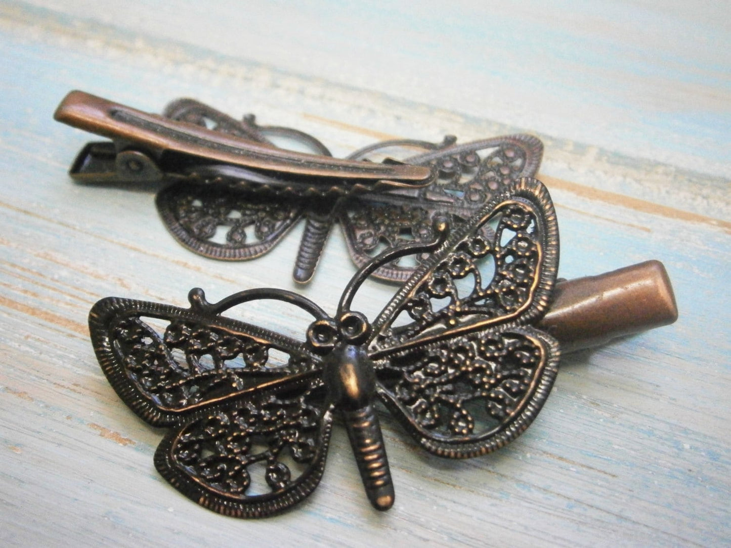 Black Hand Painted Patina Red Copper Butterfly Filigree Shabby Chic Alligator Hair Clip/Boho Hair Clip/Rustic Butterfly Hair Clip.