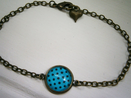 Blue & Black Polka Dot Antique Bronze Glass Dome Charm Bracelet/Boho Bracelet/Polka Dot Bracelet/Fashion Jewelry/Glass Dome Jewellery