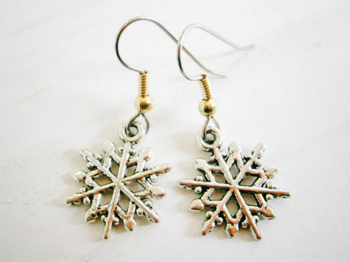 Antique Silver Snowflake Charm on Stainless Steel Earring Hooks/Snowflake Jewelry/Winter Earrings/Hypo Allergenic/Festive Earrings