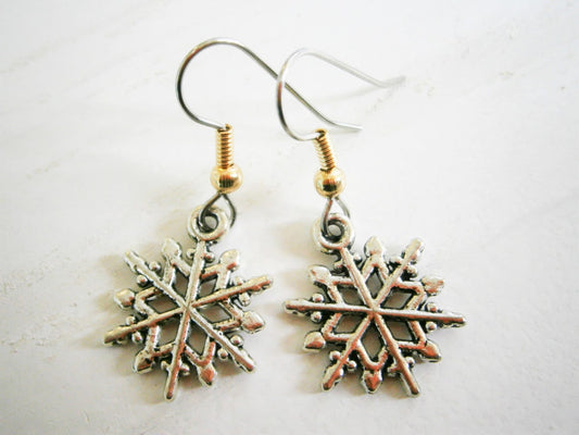 Antique Silver Snowflake Charm on Stainless Steel Earring Hooks/Snowflake Jewelry/Winter Earrings/Hypo Allergenic/Festive Earrings