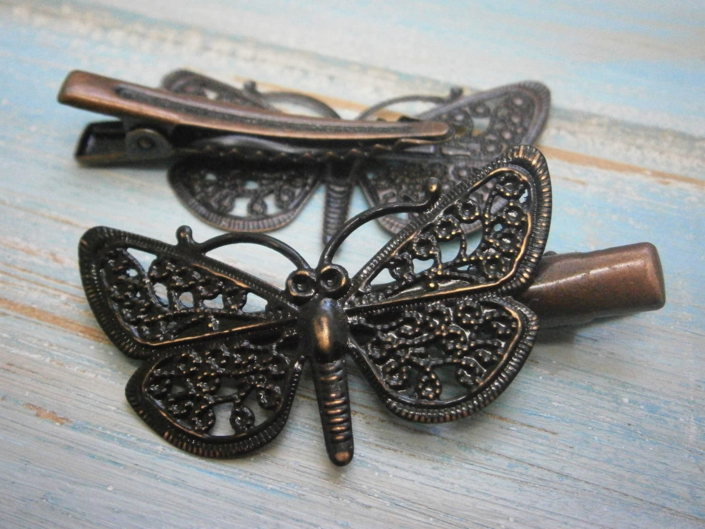 Black Hand Painted Patina Red Copper Butterfly Filigree Shabby Chic Alligator Hair Clip/Boho Hair Clip/Rustic Butterfly Hair Clip.