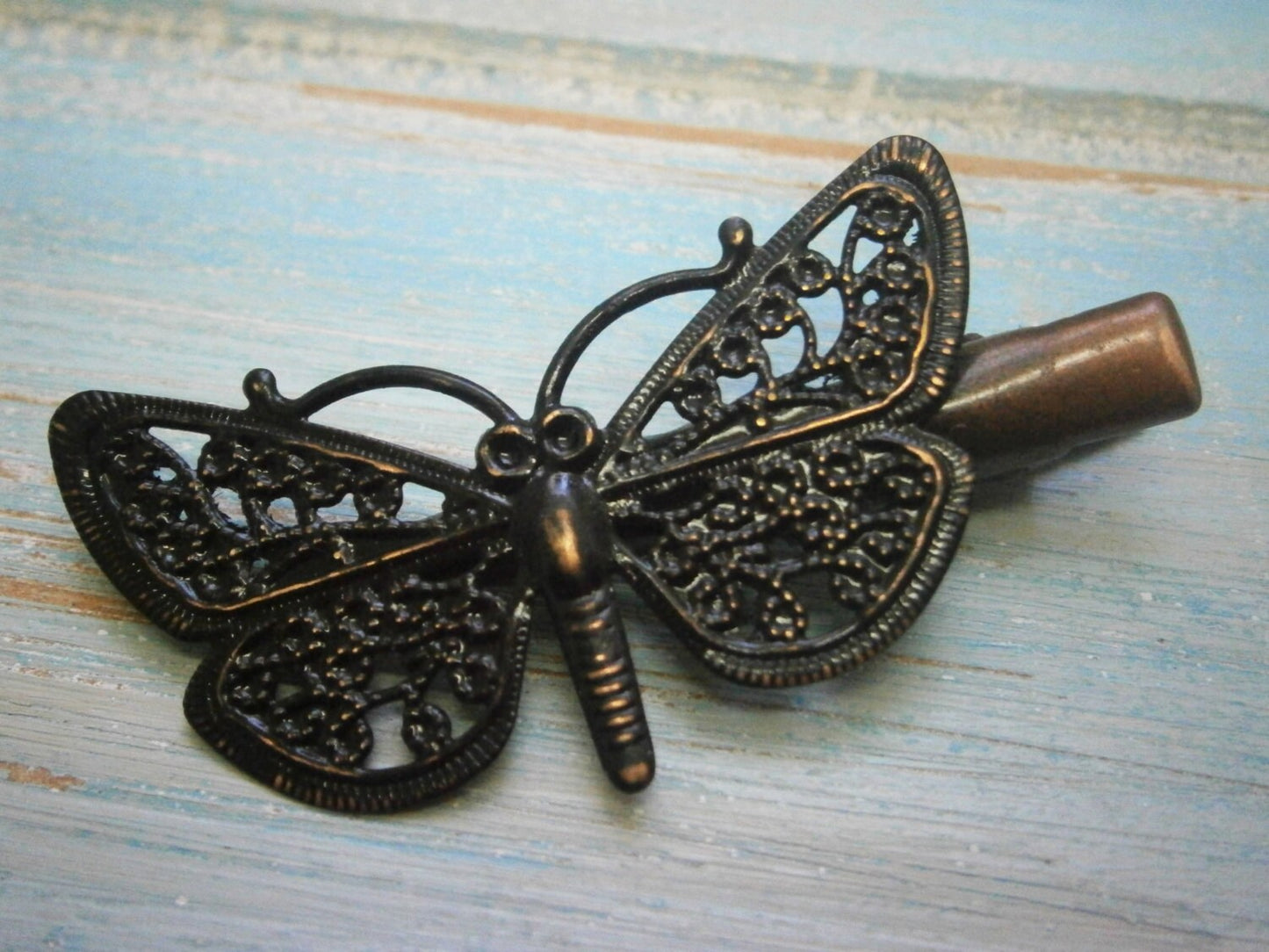 Black Hand Painted Patina Red Copper Butterfly Filigree Shabby Chic Alligator Hair Clip/Boho Hair Clip/Rustic Butterfly Hair Clip.