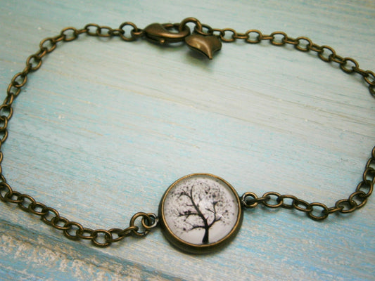 Black & White Tree - Antique Bronze Glass Dome Bracelet/Boho Bracelet/Tree Bracelet/Fashion Jewelry/Glass Dome Jewellery/Nature Jewelry