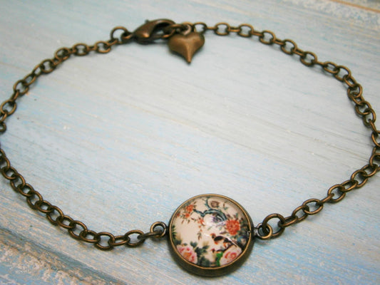 Antique Bronze Glass Dome Bracelet with Asian Style Bird & Fauna Image/Boho Bracelet/Fashion Jewelry/Glass Dome Jewellery/Nature Jewelry